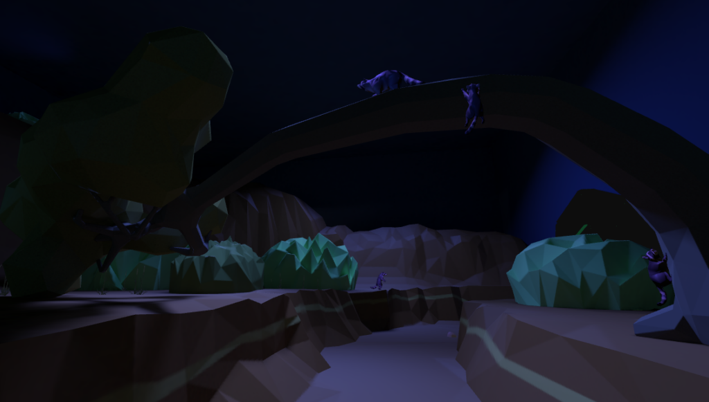 A nighttime scene of a dry shrubland in a low-poly style